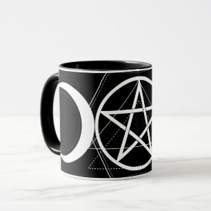 Caneca Geometria do Triplo Lua Pentagrama Preto e Branco