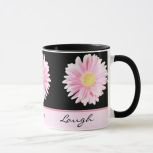 Caneca Gerbera rosa no Black Live, Love, Laugh Mug