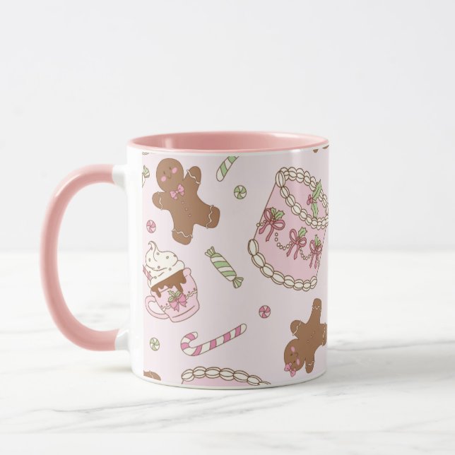 Caneca Gingerbread Holiday Cake Pink Pastel Christmas Mug (Esquerda)