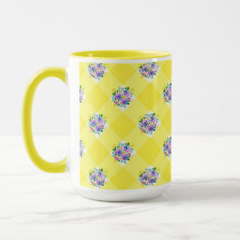 Caneca Gingham Amarelo e País Floral Azul Púrpura