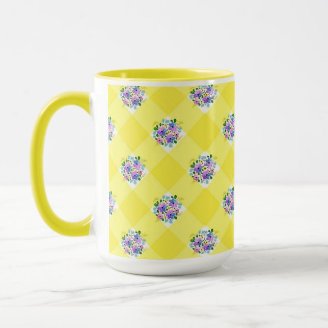 Caneca Gingham Amarelo e País Floral Azul Púrpura (Esquerda)