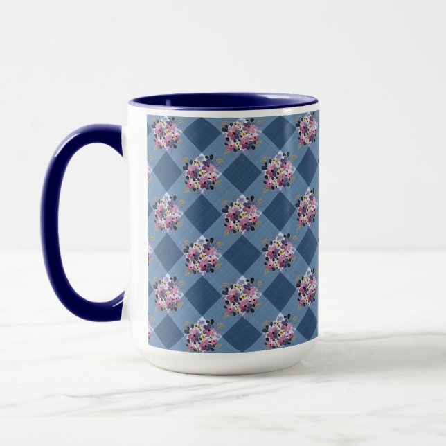 Caneca Gingham Azul e País Floral Azul Roxo (Esquerda)