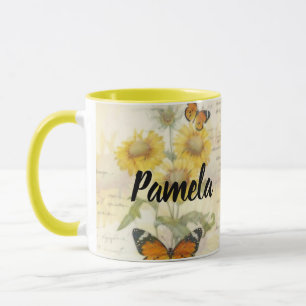 Caneca Girassóis e borboleta personalizados