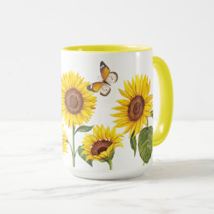 Caneca Girassóis em Aquarela com Borboleta
