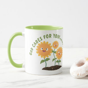 Caneca Girassóis fofos Deus cuida versículo da escritura 