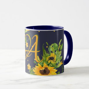 Caneca Girassóis monogamados, azuis, decoração amarela