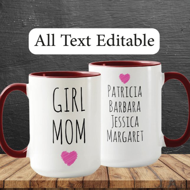 Caneca Girl Mom Custom Names Sweet Gift for Mother (Criador carregado)