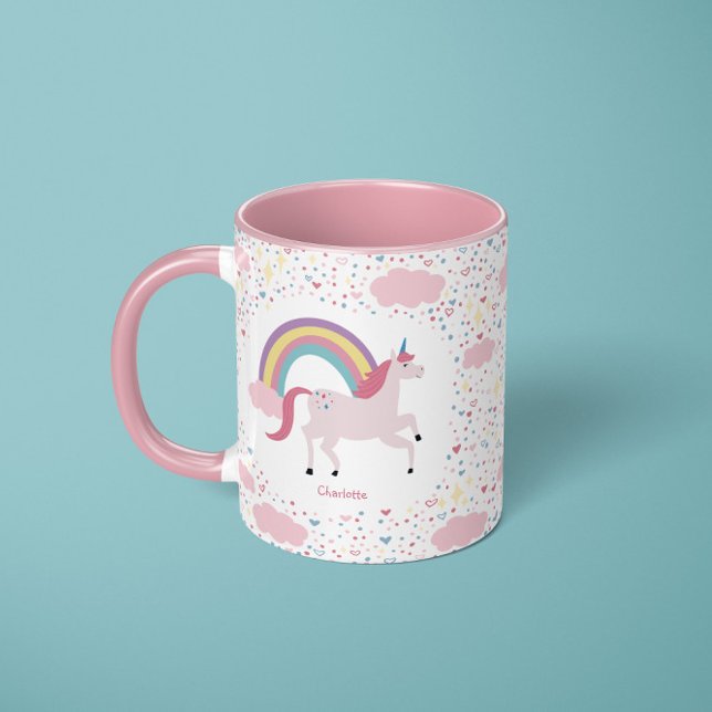 Caneca Girls Rosa Unicorn Rainbow Sparkle com Nome Mug (Criador carregado)