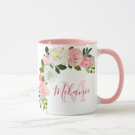 Caneca Girly Blush Pink e White Roses Nome Monograma