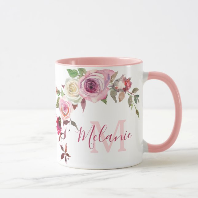 Caneca Girly Blush Pink e White Roses Nome Monograma Mug (Direita)