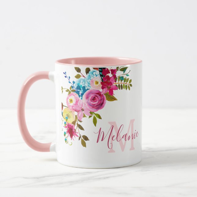 Caneca Girly Blush Pink Roses Nome Monograma Mug (Esquerda)