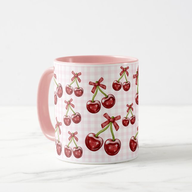 Caneca Girly Coquette Pink Gingham Red Cherry Mug (Frente Esquerda)
