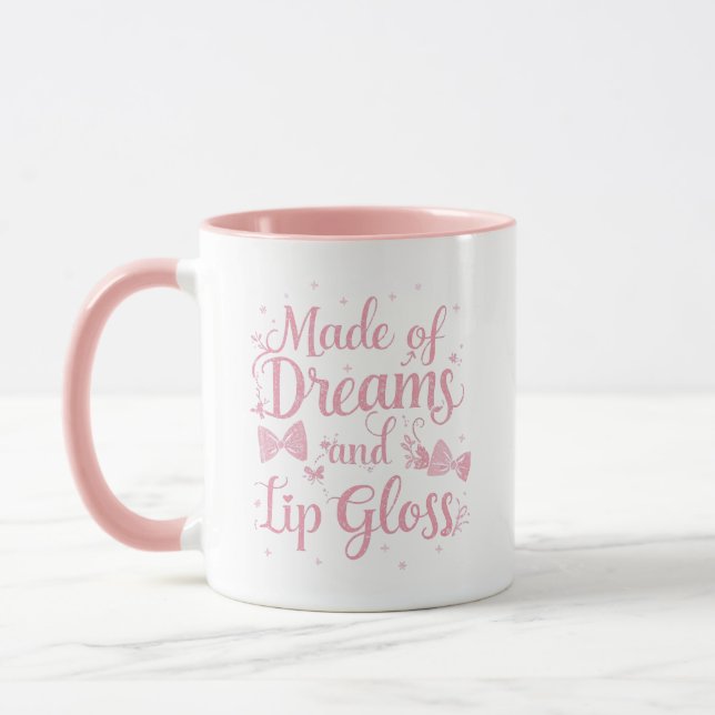 Caneca Girly Pink Bow "Dreams and Lip Gloss" Quote (Esquerda)