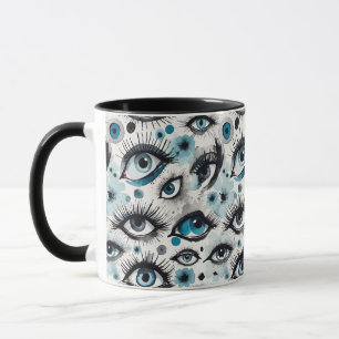Caneca Glam Watercolor Olhos e Piscas Florais em Azul