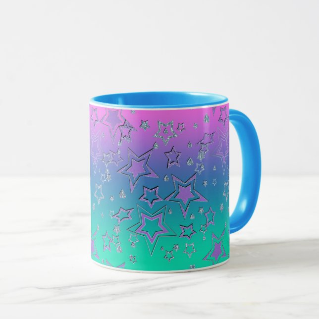 Caneca Glitter de gradiente natalício brilhando estrelas  (Frente Esquerda)