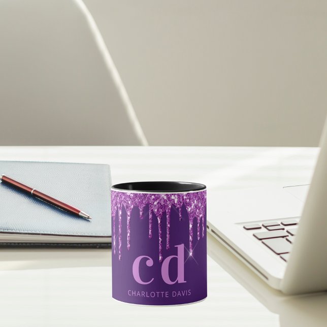 Caneca Glitter roxo gota nome monograma script (Criador carregado)