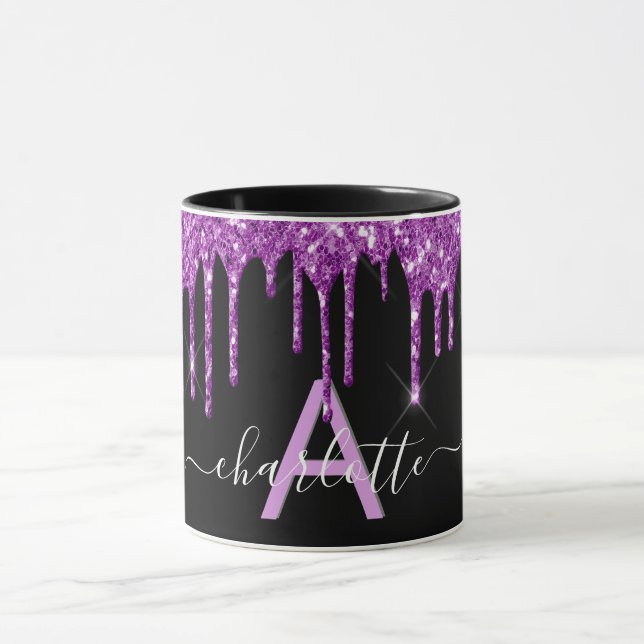 Caneca Glitter roxo preto goteja nome do monograma script (Centro)