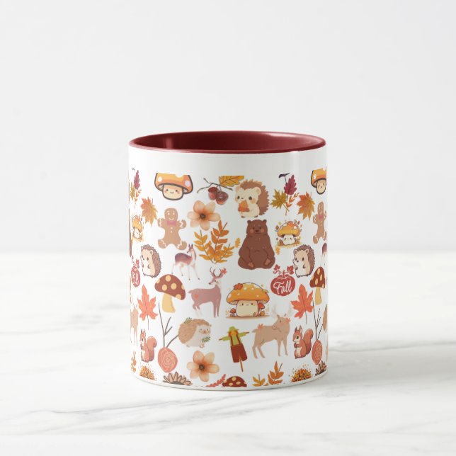 Caneca Gnomos, animais florestais, folhas de outono (Centro)