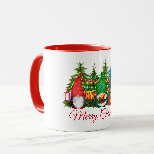 Caneca Gnomos de Aquarela Feliz Natal Vermelho (Frente Esquerda)