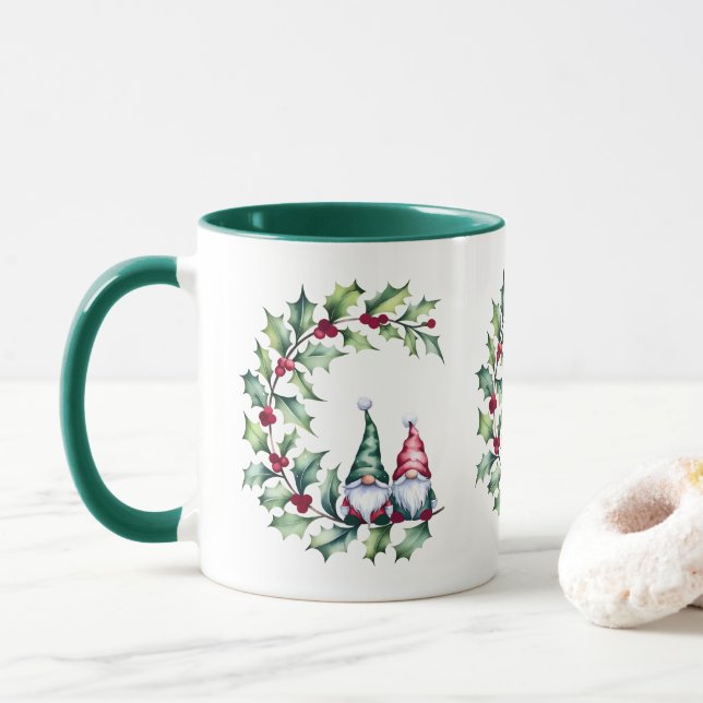 Caneca Gnomos De Natal Em Holly Berry Twig (Com Donut)
