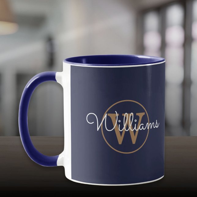 Caneca Gold Monogram Script Name Navy Blue (Gold Monogram Script Name Navy Blue Mug)