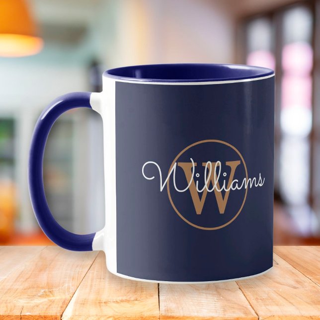 Caneca Gold Monogram Script Name Navy Blue (Criador carregado)