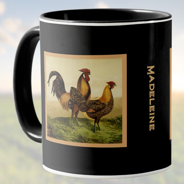 Caneca Golden Penciled Hamburg Roosters Black Monogram (Criador carregado)