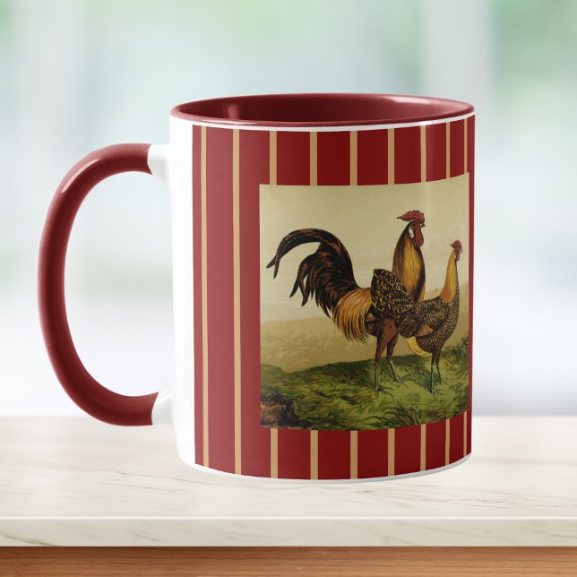 Caneca Golden Penciled Hamburg Roosters Red Gold Striped (Criador carregado)