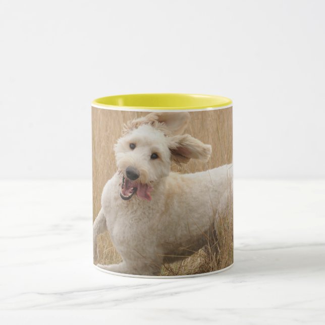 Caneca Goldendoodododle Atravessa Grama (Centro)