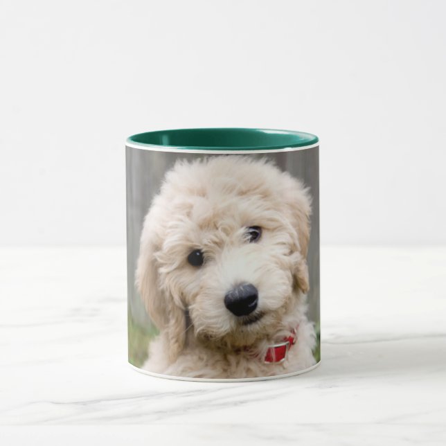 Caneca Goldendoododododle Puppy Senta Em Grama (Centro)