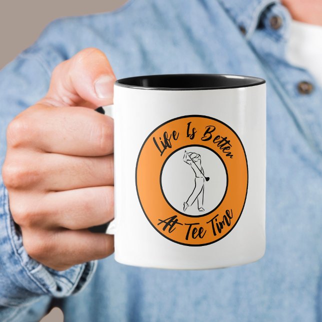 Caneca Golfe Tee Tempo Humor Divertido Esporte Trocadilho (Golfer Tee Time Humor Funny Sport Pun Black Orange Mug)