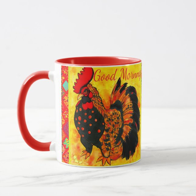 Caneca  Good Morning Text Rooster Red Orange Drawing  (Esquerda)
