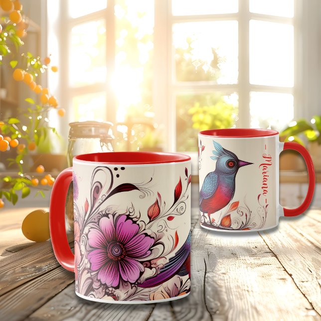 Caneca Gorgeous Red bird e floral — Nome personalizado Su (Gorgeous Red bird and floral custom name Summer Mug)