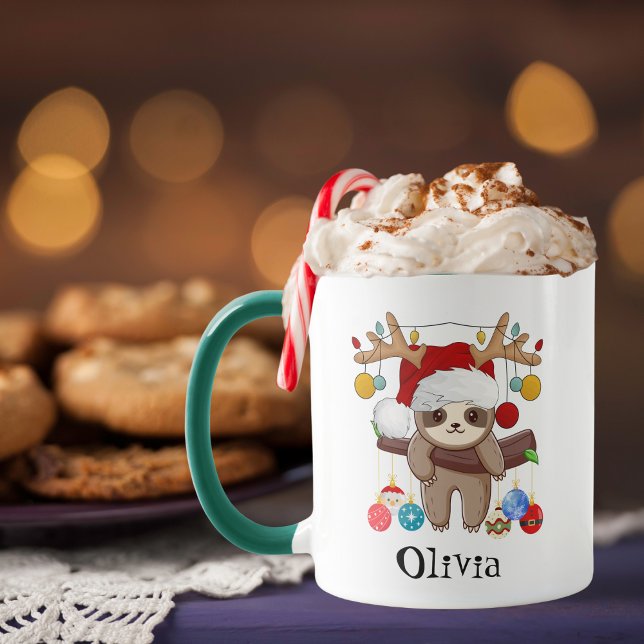 Caneca Gorro de Papai Noel de Preguiça Fofa Bolas de Nata (Criador carregado)