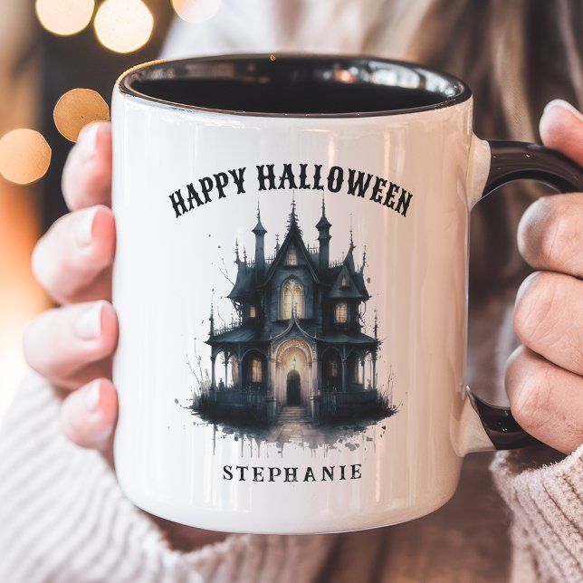 Caneca Gothic Victorian Haunted House Happy Halloween (Criador carregado)