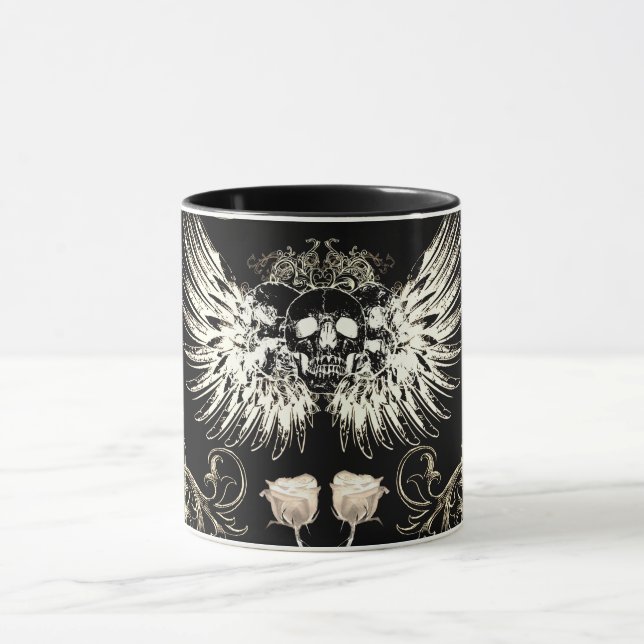 Caneca Gótico Vitoriano Romance Crânio Asas e Rosas Branc (Centro)