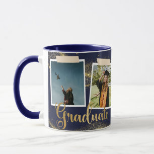 Caneca Graduação Azul do Nome de Foto do Formando Dourado