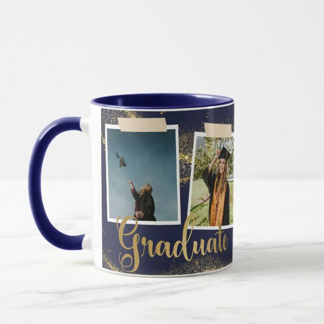 Caneca Graduação Azul do Nome de Foto do Formando Dourado (Esquerda)