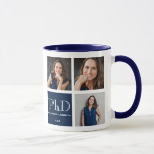 Caneca Graduação de PhD Azul com Três Fotos