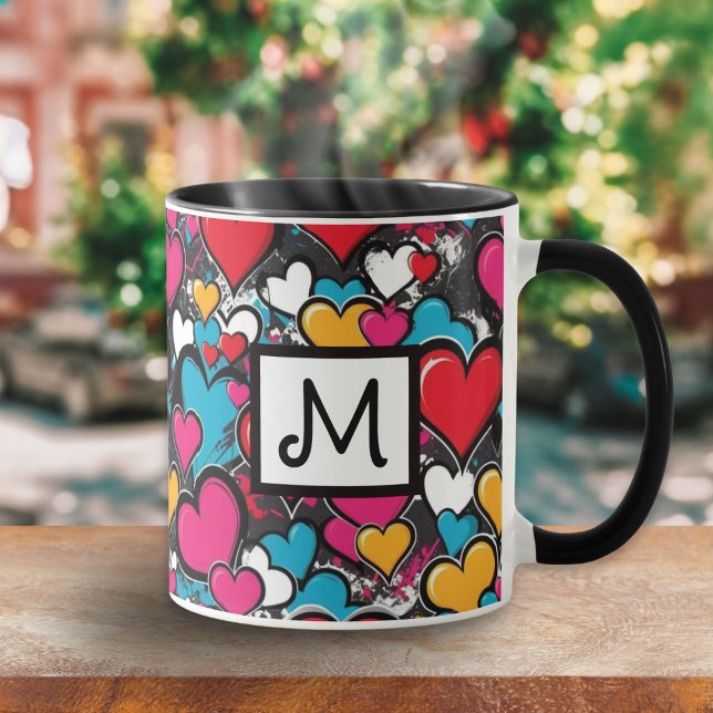 Caneca Graffiti Hearts Colorful Pattern Monogrammed (A colorful coffee mug with monogram initial and vibrant graffiti hearts design in street art style)