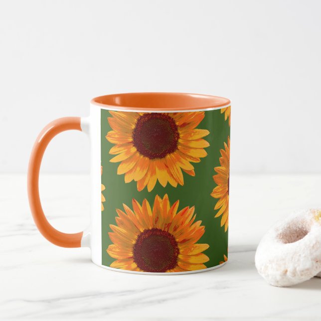 Caneca Grande Rústico Prato De Girassol Laranja Floral (Com Donut)