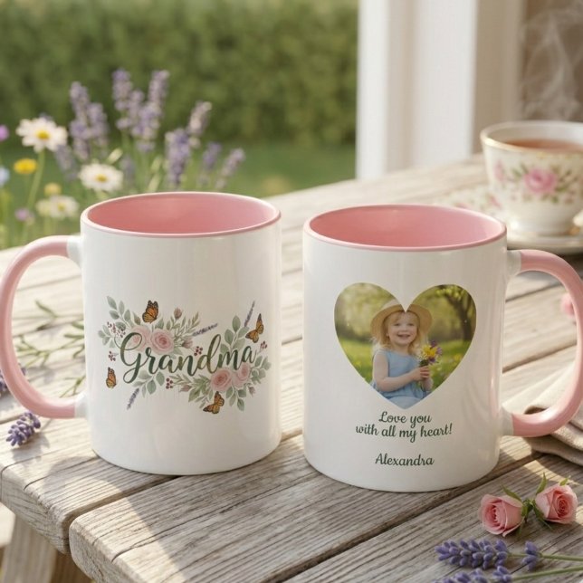 Caneca Grandma Floral Mug - Watercolor Botanical Gift (Personalized photo heart grandma coffee mug)
