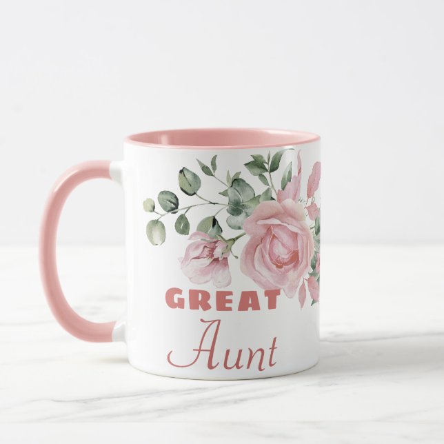 Caneca Great Aunt Year Established Custom Pink Roses  (Esquerda)