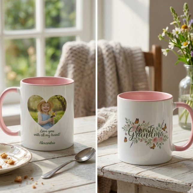 Caneca Great Grandma Watercolor Floral (Personalized Heart Photo Great Grandma mug)