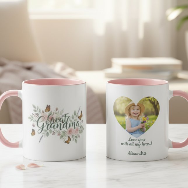 Caneca Great Grandma Watercolor Floral (Great Grandma photo coffee mug
)