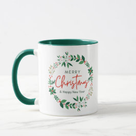 Caneca Green and Red Floral Illustration Christmas Mug