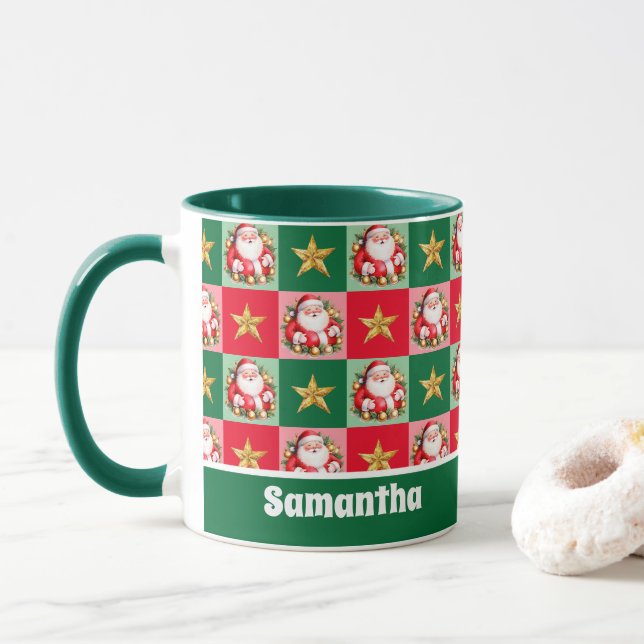 Caneca Green Retro Papai Noel Feliz Crianças de Natal (Com Donut)