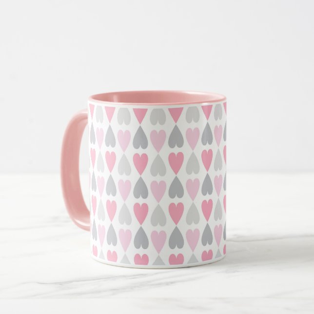 Caneca Grey and Pink Hearts Coffee Cup Valentine's Mug (Frente Esquerda)