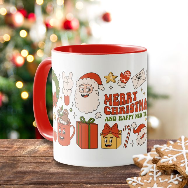 Caneca Groovy Hippie Retro Feliz Papais noeis de Natal En (Criador carregado)