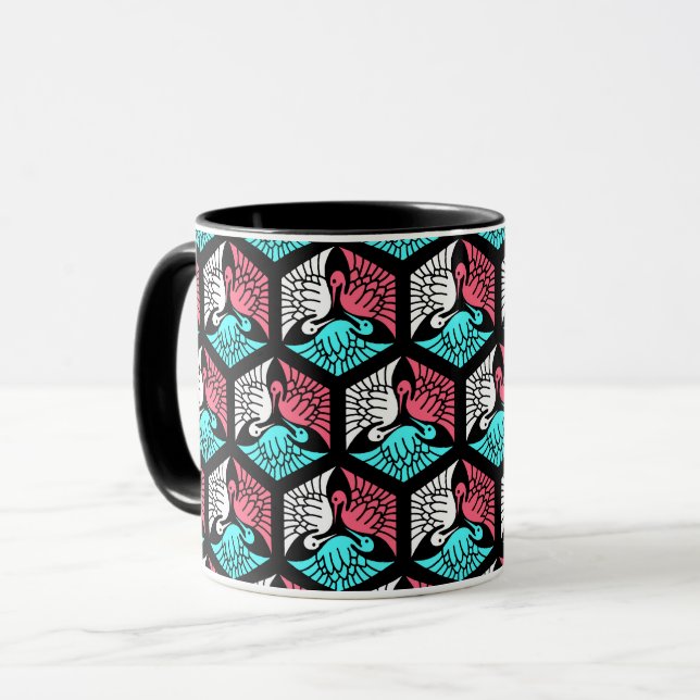 Caneca Gruas japonesas, coral, turquesa e preto (Frente Esquerda)